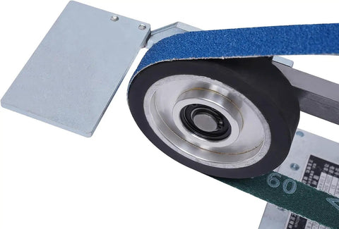 Close-up of the Heavy Duty 1x30 Belt Sander and Disc Grinder with brushless motor, showing the sandpaper and wheel design.