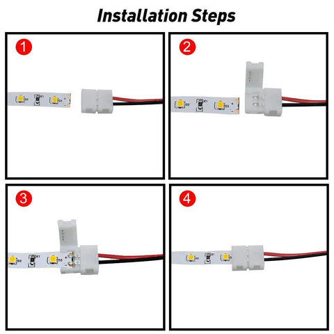 Installation steps for 10 Pack 2 Pin Solderless LED Strip Connectors for 8mm Wide 3528 2835 Single Color Flex Strips