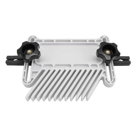 Adjustable Stackable Featherboard For Table Saw Router And Band Saw Featuring Wedged Locking And T Slot Mounting, white with black knobs.