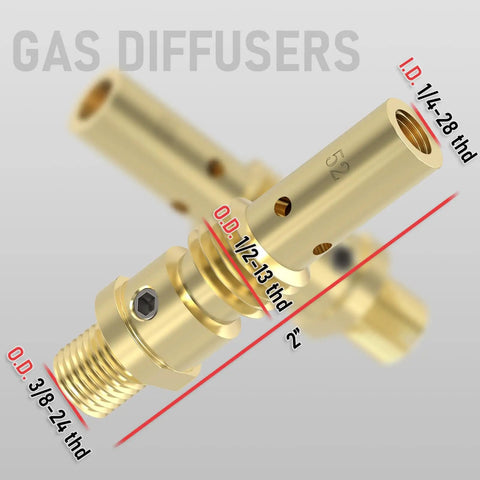 Close-up of gas diffusers from Pro Grade MIG Welding Gun Kit 0.035 Inch Tip Nozzle Diffuser Adapter For Lincoln Magnum 200 to 250