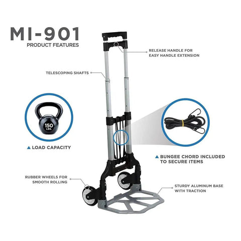 Foldable Aluminum Hand Truck Dolly With 165 Lb Capacity, Rugged Indoor Outdoor Trolley Cart With Rubber Wheels, Telescoping Handle