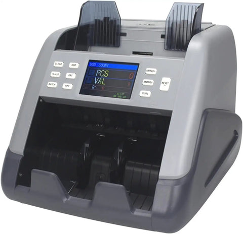 Heavy Hitter Multi Currency Bill Counter Machine With Auto Currency Identification And Error Detection No Sweat Setup showing front view with LCD display.