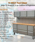 Heavy Duty 72 Inch Rolling Tool Chest With 15 Deep Drawers And Three Top Cabinets, features pegboard and stainless steel construction.