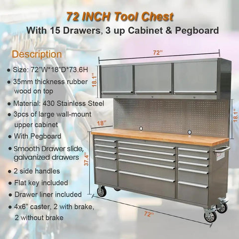 Heavy Duty 72 Inch Rolling Tool Chest With 15 Deep Drawers And Three Top Cabinets, features pegboard and stainless steel construction.