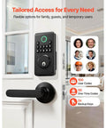 Matte Black Keyless Entry Door Lock Set Featuring Keypad Deadbolt With Smooth Lever Handles Electronic Safety Bolt Easy Code Entry For Front Doors mounted on white door with user codes displayed.