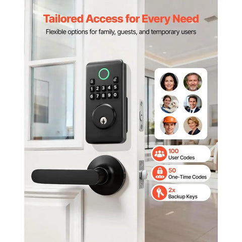 Matte Black Keyless Entry Door Lock Set Featuring Keypad Deadbolt With Smooth Lever Handles Electronic Safety Bolt Easy Code Entry For Front Doors mounted on white door with user codes displayed.