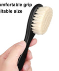 Barber Fade Brush Set With Natural Fiber Wooden Handle For Beard Styling Neck Duster And Cleaning Brush All In One Mens Grooming Kit To Tidy Beards Clean Up Loose Hair And Nail That Smooth Salon Ready Look. Black-handled beard brush shown in hand, natural fiber bristles, comfortable grip, suitable size.