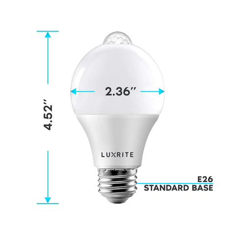 Motion Sensor LED Light Bulbs No Hassle Dusk To Dawn Tech 60W Equivalent 5000K Bright White 800 Lumens Indoor Outdoor Security Bulbs E26 Base UL Listed 2 Pack, 4.52 in bulb