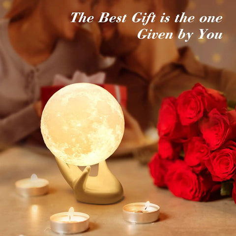 3.5 Inch 3D Moon Lamp With Ceramic Base Touch Dimmable LED Night Light for Kids Room, next to candles and roses