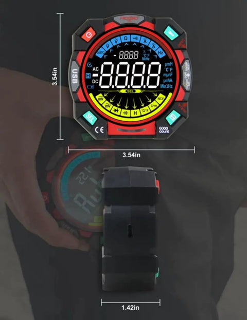 Front view of Go To Portable Digital Multimeter Tester With 6000 Counts VA Display, 3.54in size, in hand, showing dimensions.