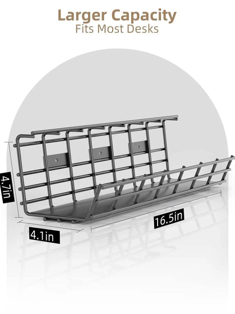 Wire Management Shelf with Easy No Fuss Pre Drilled Install Black, large metal tray dimensions, 2 Pack Under Desk Cable Management Trays