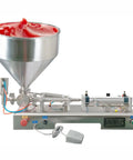 Smooth Operator Pneumatic Bottle Filler Machine With Heavy Gauge Stainless Steel Hopper and No Sweat Anti Drip Spout for quick filling of pastes.