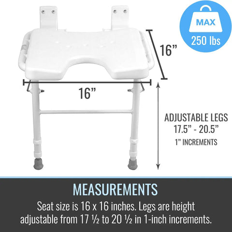 Wall Mount Fold Away Shower Chair With Adjustable Legs 16 By 16 Inch White Bath Seat Bench No Fuss Space Saving Safe Shower Stool For Seniors And Caregivers FSA And HSA Eligible showing measurements, adjustable legs 17.5 to 20.5 inches