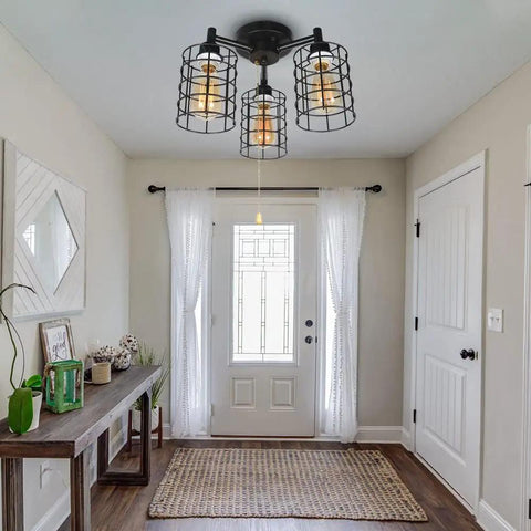 Industrial Black Ceiling Light With Pull Chain And Metal Wire Cage Semi Flush Mount Steampunk Edison Style Fixture in entryway