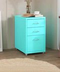 Locking Metal Filing Cabinet On Wheels With Vertical Storage, Under Desk Printer Stand in teal color, in home office setting
