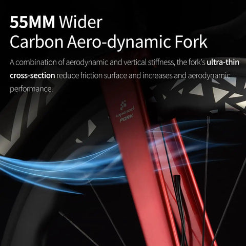 Close-up of 55mm wider carbon aerodynamic fork on Di2 Full Carbon Road Bike With Ultra Light Frame And 24 Speed Shimano R9270 Groupset
