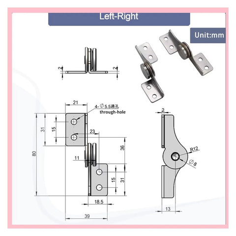 Torque hinge Flozari, 304 stainless steel through-hole with damping shaft; front and side views