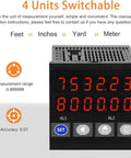 Slick Digital Length Meter Counter With Dual Relay Output For Cable Wire Rope And Fabric Tracking Dead On Precision Heavy Duty Rolling Wheel Measuring Tool 0 To 999999 Range with a digital display showing measurement options.