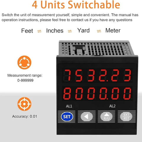 Slick Digital Length Meter Counter With Dual Relay Output For Cable Wire Rope And Fabric Tracking Dead On Precision Heavy Duty Rolling Wheel Measuring Tool 0 To 999999 Range with a digital display showing measurement options.