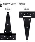 Front and back view of 8-inch heavy duty T strap hinges, black powder coated, for wooden fences and barn doors.