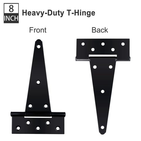 Front and back view of 8-inch heavy duty T strap hinges, black powder coated, for wooden fences and barn doors.