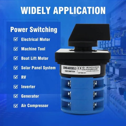 40A 660V Rotary Changeover Switch 3 Position 3 Pole 12 Terminals shown with industrial applications