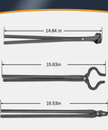 V Bit Blade Tongs Set for Knife Making And Bladesmithing, Flat And Assembled Forge Tongs, three sizes shown with measurements