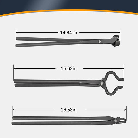 V Bit Blade Tongs Set for Knife Making And Bladesmithing, Flat And Assembled Forge Tongs, three sizes shown with measurements