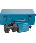 Built Like A Tank Portable Electric Hydraulic Rebar Cutter And Cable Crimper With 360 Swivel Jaw and Ergonomic Handles for Professional Construction Sites next to a blue metal carrying case.