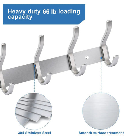 Heavy Duty Wall Hooks 23 Inch Coat Rack Wall Mount With Eight Hooks, Stainless Steel 304 Silver close-up showing sturdy hooks