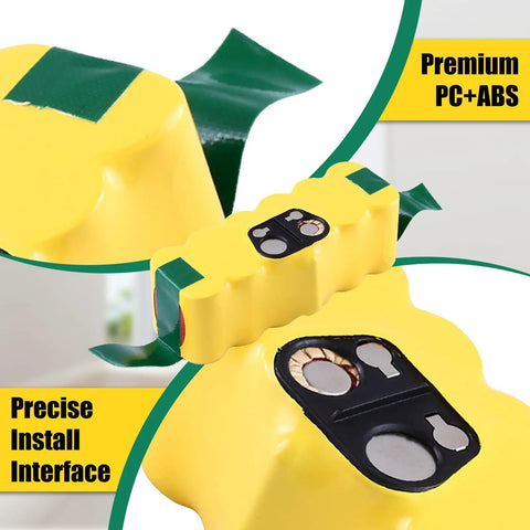 Beefed Up 4500mAh 14.4V NiMH Replacement Battery for Roomba 500 to 900 Series, close-up showing PC+ABS construction