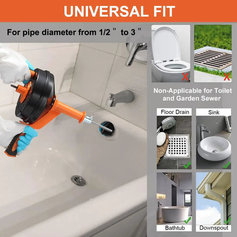 Drain Auger Clog Remover With Drill Adapter 25 Ft Flexible Plumbing Snake shown clearing bathtub drain includes gloves