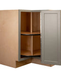 Zero Drama Setup Shaker Base Kitchen Cabinet With Lazy Susan Half Inch Plywood Construction Smooth Glide Soft Close Hinges Magnetic Gray Finish 18 X 30 X 34.5 Inches Made In America, open view showcasing interior shelves.