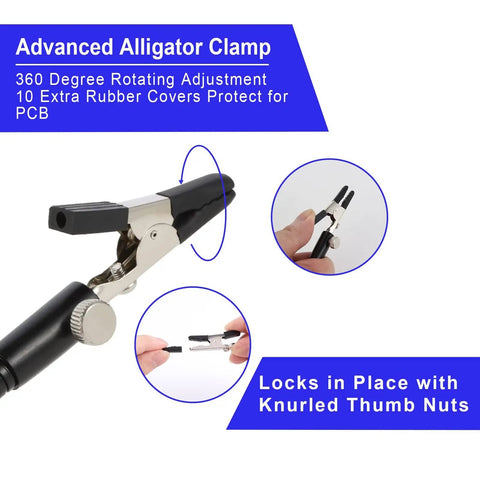 Advanced alligator clamp of Helping Hands Soldering Clamp Station With 3X LED Magnifier Lamp, rotating adjustment, thumb nuts
