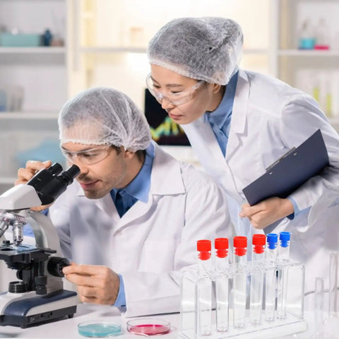 Scientists using a microscope next to Clear Plastic Test Tube Rack For Lab And Classroom Use Holds Multiple Tubes With Color Caps.
