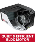 Cutaway view of air filtration system with auto sensor and six speed control for boss level air quality, featuring BLDC motor.