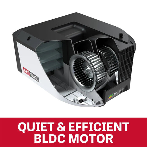 Cutaway view of air filtration system with auto sensor and six speed control for boss level air quality, featuring BLDC motor.