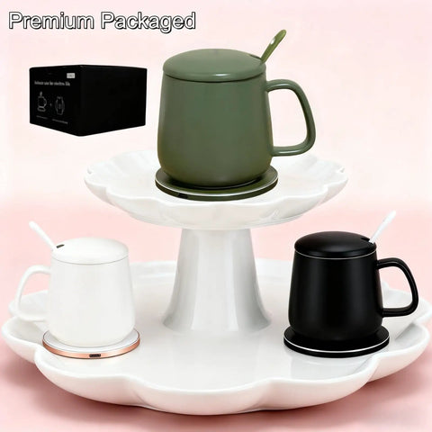 Smart Temperature Control Heated Coffee Mug 13 Oz Premium Ceramic Warm Auto Heater holds an olive green mug on a stand.