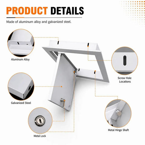 Top Shelf Locking Aluminum Drywall Access Panel With Rock Solid Galvanized Steel Frame And Snug Key Lock Cover for safe electrical plumbing HVAC maintenance. Close-up details of lock and hinge.