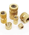 Premium Solid Brass Metric Thread Inserts In M2 Through M8 Sizes For Injection Molds, Wood, And Plastic Projects, assorted sizes shown.