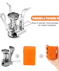 8 Piece Camping Cookware Mess Kit With Mini Backpack Stove All In One Nonstick Pots Stainless Spork Foldable 14 Oz Mug Tank Bracket Carry Bag For Hiking Picnics And Campfires Red, showing foldable stove and orange carrying case.