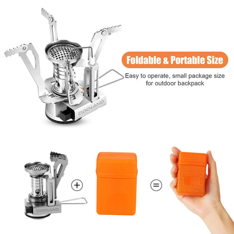 8 Piece Camping Cookware Mess Kit With Mini Backpack Stove All In One Nonstick Pots Stainless Spork Foldable 14 Oz Mug Tank Bracket Carry Bag For Hiking Picnics And Campfires Red, showing foldable stove and orange carrying case.