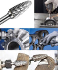 Close-up and action shots of SF-5 Tungsten Carbide Burr Set Double Cut Rotary Burrs Tree Shape Radius End in use on metal pieces.