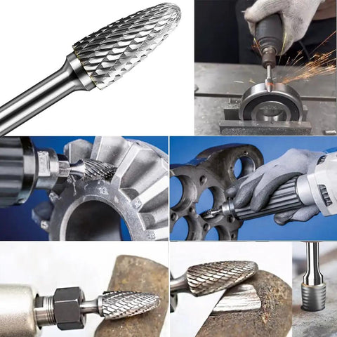 Close-up and action shots of SF-5 Tungsten Carbide Burr Set Double Cut Rotary Burrs Tree Shape Radius End in use on metal pieces.