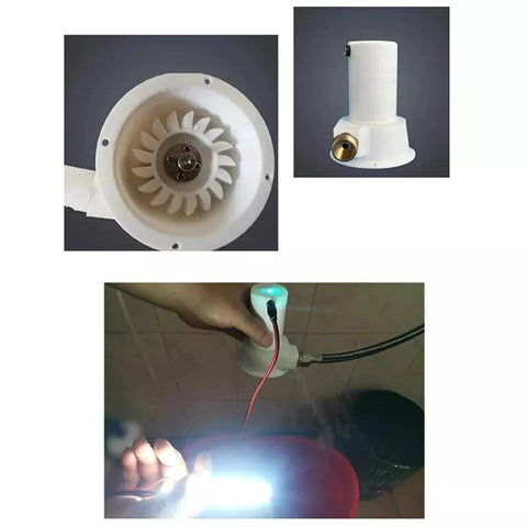 50W Portable Micro Hydroelectric Turbine Generator for Tap Water and Streams showing internal turbine and installation