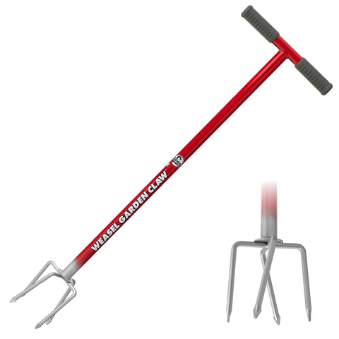 Long Handle Garden Claw For Easy Weeding And Soil Aeration No Bend Tiller Cultivator with red handle and silver prongs