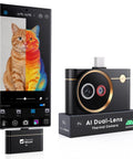 Dual Lens Android Thermal Camera With IR Eraser, 512x384 Sensor, 0.035 C Sensitivity, 15x Digital Zoom on display with thermal image of cat
