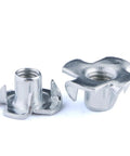 T Nut Zinc Plated Four Claw Blind Nut Insert For Wood Furniture And Speaker Mounts M5x20 pronged tee nut close-up view