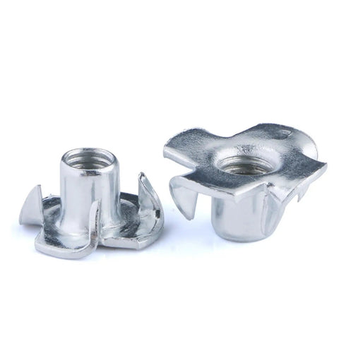 T Nut Zinc Plated Four Claw Blind Nut Insert For Wood Furniture And Speaker Mounts M5x20 pronged tee nut close-up view