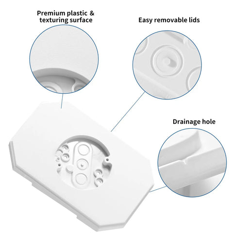 Two Pack Vinyl Siding Mounting Blocks With Built In Electrical Box For 1/2 Inch Lap Siding Outdoor Light Mounting Plate Kit UV Resistant White Plastic Durable Easy Install Siding Bracket, white plastic close-up with lids and drainage hole